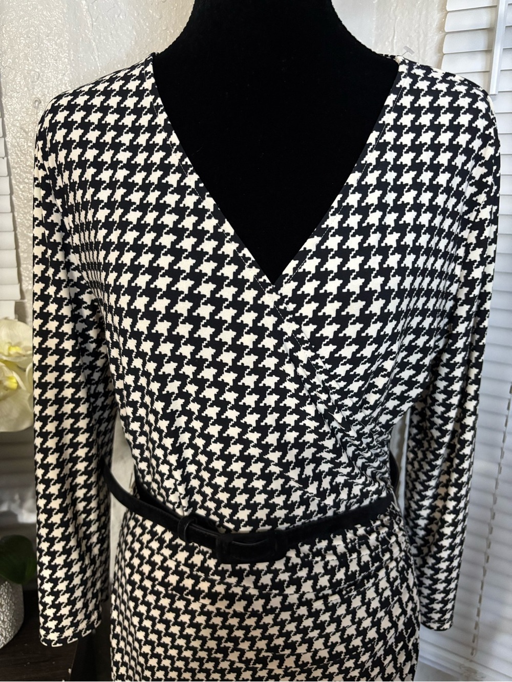 Black & White Houndstooth Wrap Dress with Belt - Picture 2 of 8